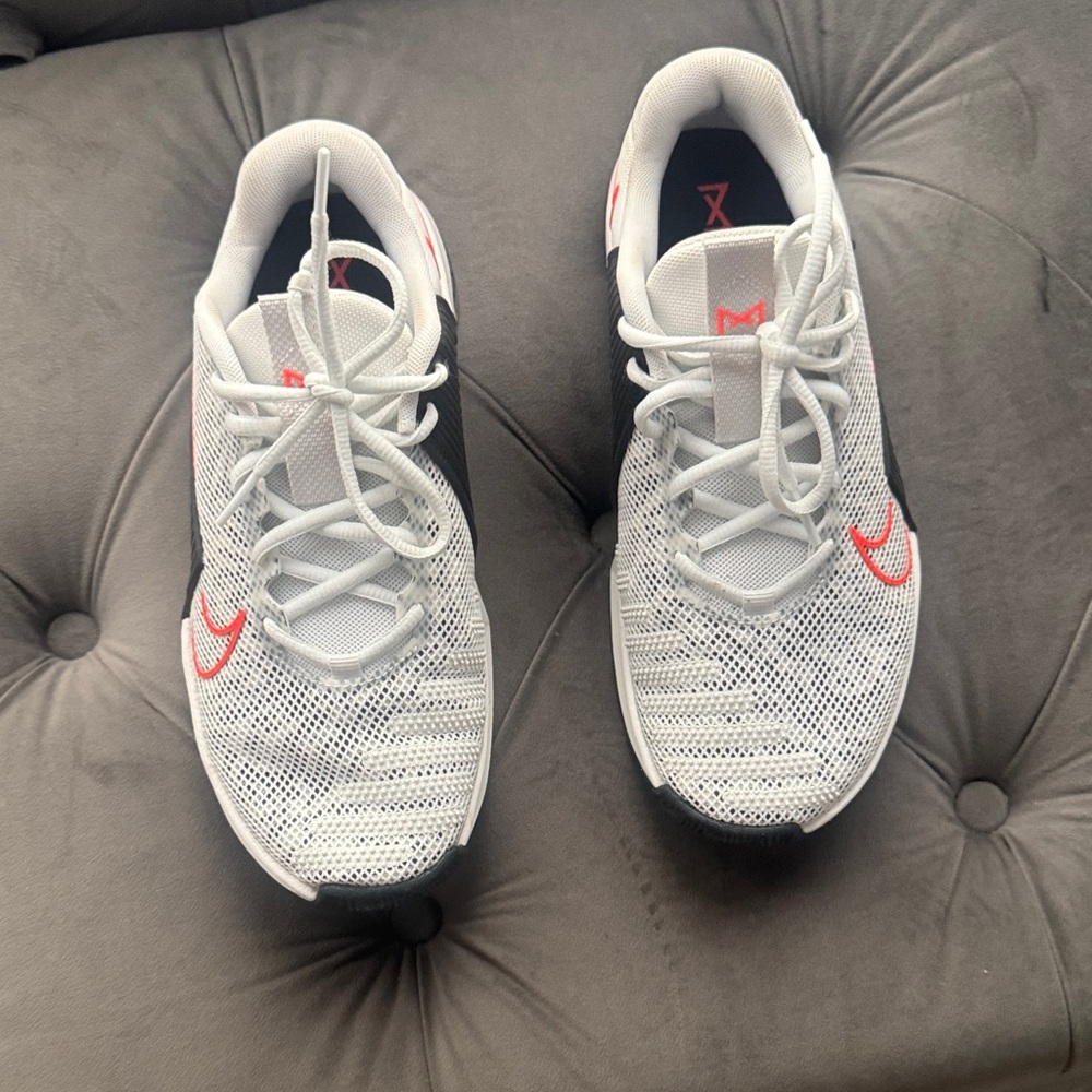 Women’s White Mesh Athletic Sneakers with Coral Accent